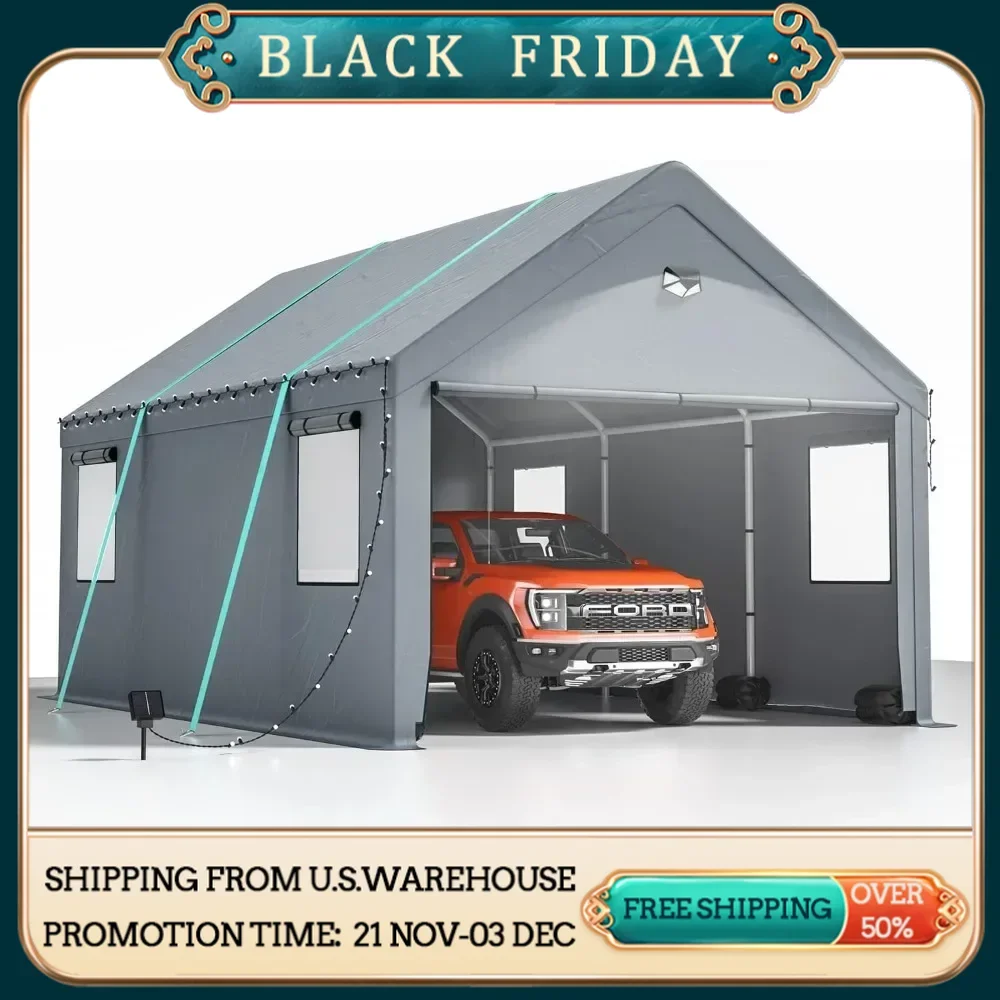 Car Portable Garage 12*20 Heavy Duty Carport Canopy Boats & Trucks Waiting SUVs Metal Roof & Sidewall for Cars Garden Buildings