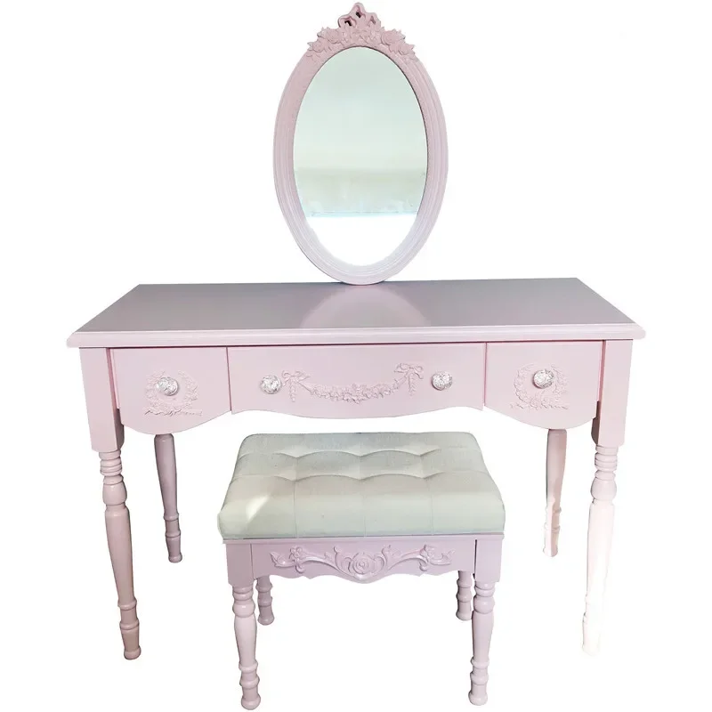 Carved solid wood princess makeup table French dressing table Korean dressing table Girl heart bow makeup tabl Desk