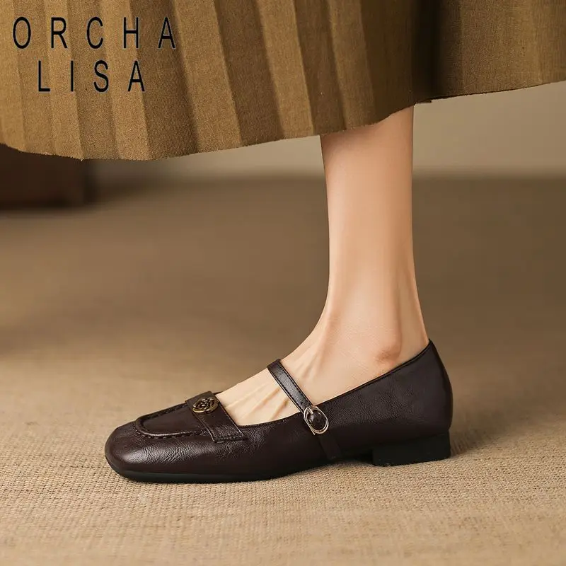 

ORCHA LISA Brown Female Flats Square Toe Buckle Strap Metal Flower Plus Size 41 42 43 Soft Casual Daily Mary Jane Shoes Footwear
