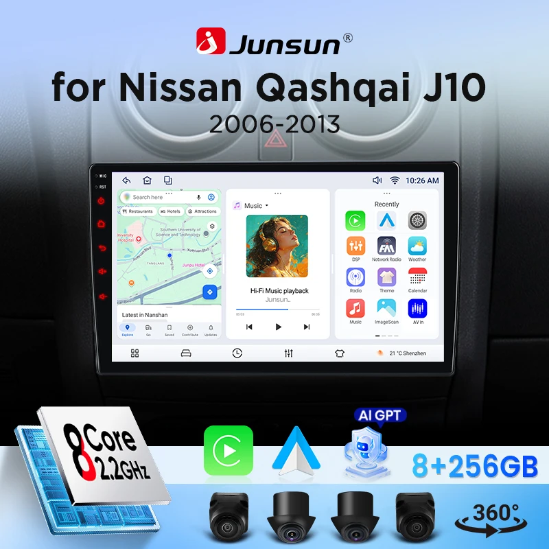 Autoradio Junsun pour Fiat Nissan Qashqai J10 2006 - 2013, CarPlay, Android Auto, FM, RDS, DSP, BT, GPS, Navi, SWC, écran tactile HD IPS, Plug & Play, lecteur multimédia, appels mains libres, style d'origine de la voiture, unité principale