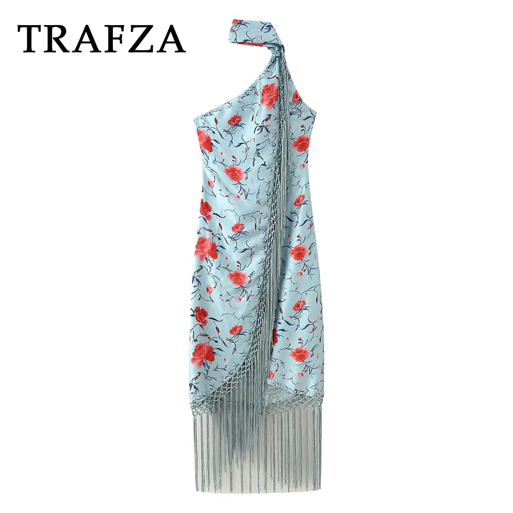 

TRAFZA Chic Elegant Sheath Floral Print Woman Dress Elegant Night Party Tassel Long Dress Fashion 2025 Scarf Luxurious Vestidos