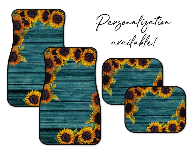 

Teal Wood Sunflower Car Mats, Personalization Available C105