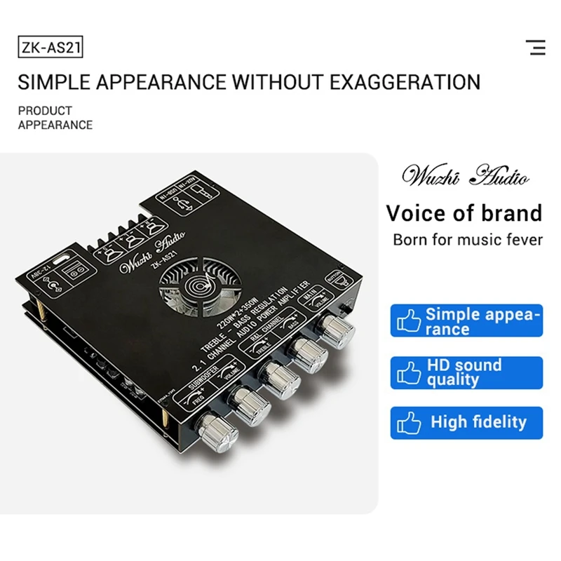 

Retail TPA3251D2 Bluetooth 5.0 2.1 Channel Power Audio Stereo Subwoofer Amplifier Board 220Wx2+350W TREBLE Low Tone AMP ZK-AS21