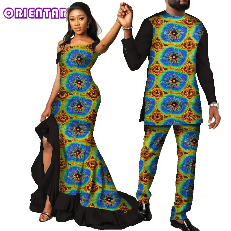 Ropa africana para parejas, vestido largo con estampado africano para mujer, conjunto de trajes africanos para hombres, ropa Bazin Riche para