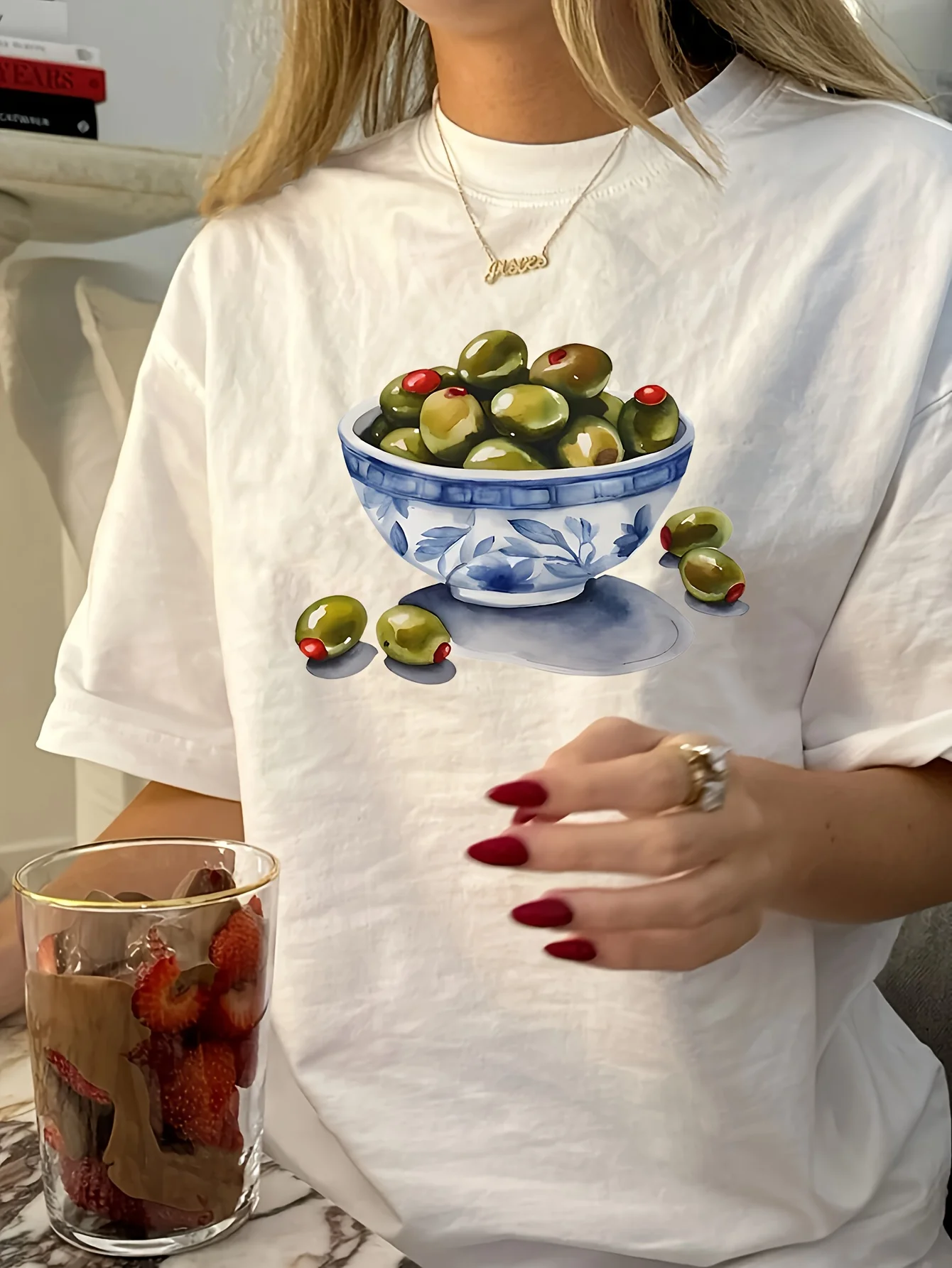 T-shirt à manches courtes et col rond imprimé "Oriental Miracle Fruit", style simple et décontracté, adapté aux filles d'été, usage quotidien