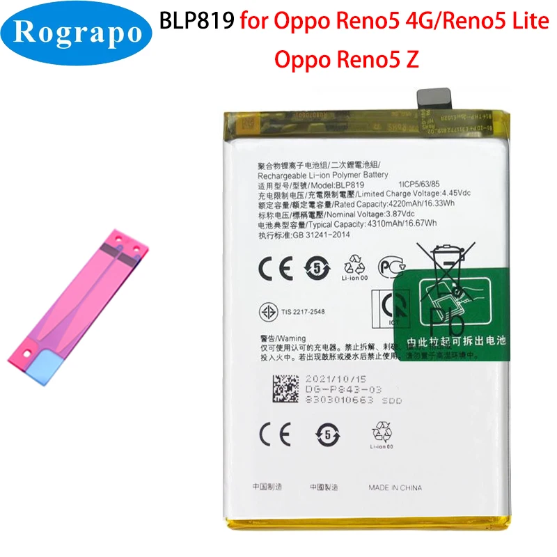 New Original 4310mAh BLP819 Mobile Phone Battery For Oppo Reno 5 Reno5 Lite Z Reno6 4G