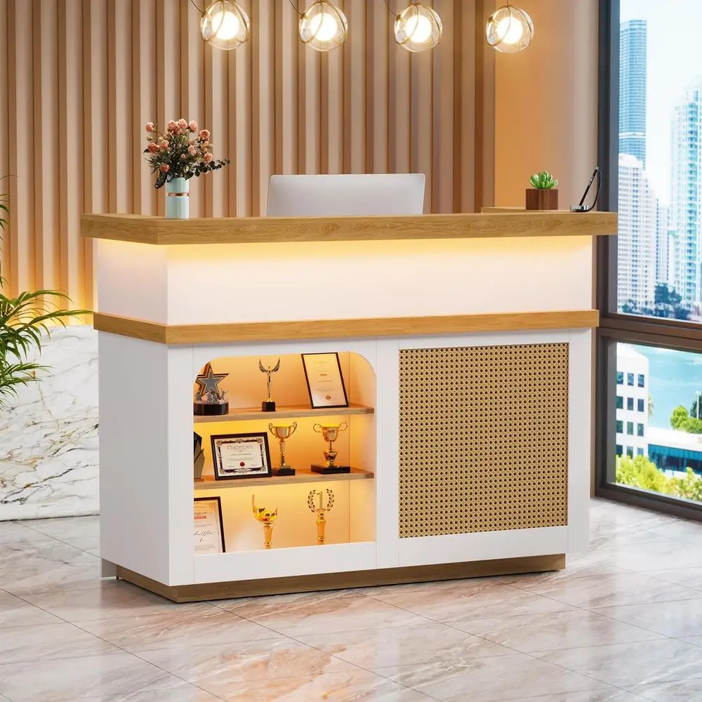 

Большая стойка регистрации со светодиодной подсветкой и полкой для дисплея, современный передний стол, стол для приемной с кабельной втулкой, запираемый ящик