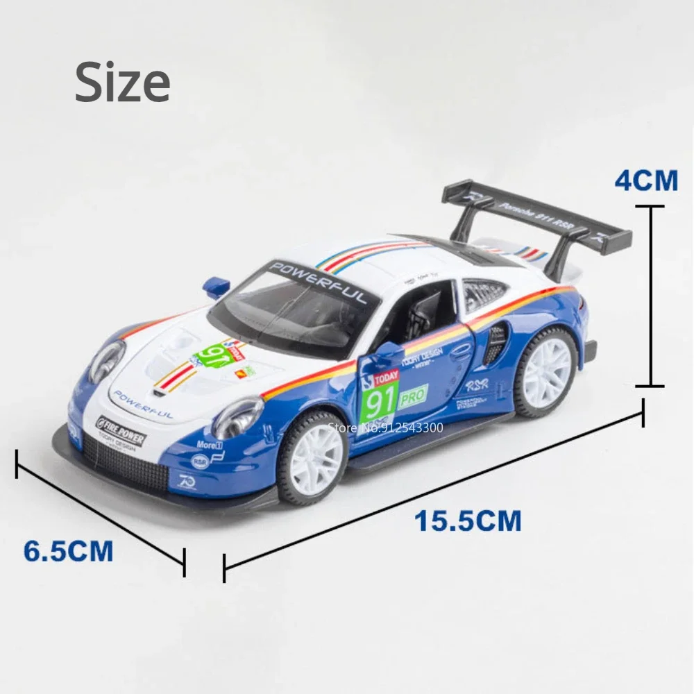 Modèle réduit de voiture Porsche 911 GT3 RSR pour enfant, échelle 1:32, jouet de simulation moulé sous pression, 4 portes ouvertes, nervure arrière, sourire, décoration, idée cadeau