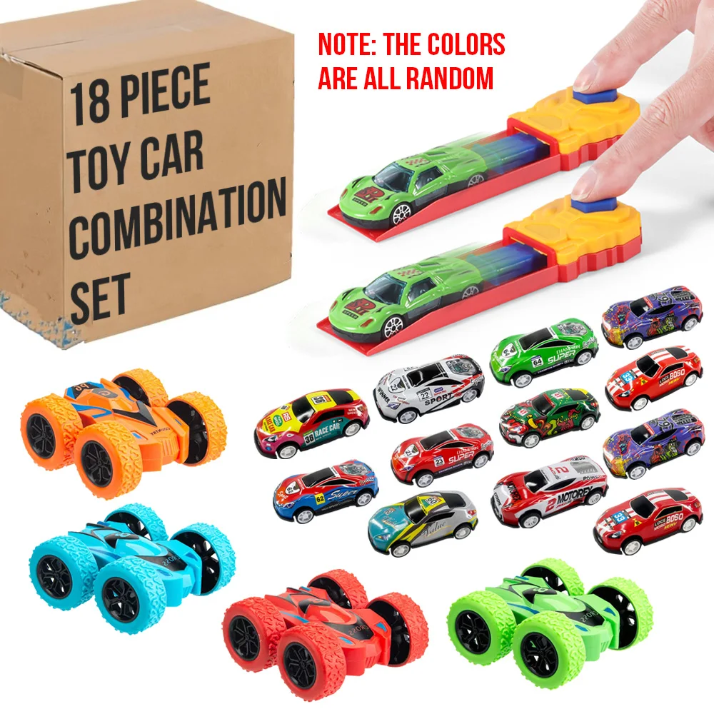 

18 piece toy car combination set, equipped with 2 catapults, 12 toy cars, and 4 inertia toy cars