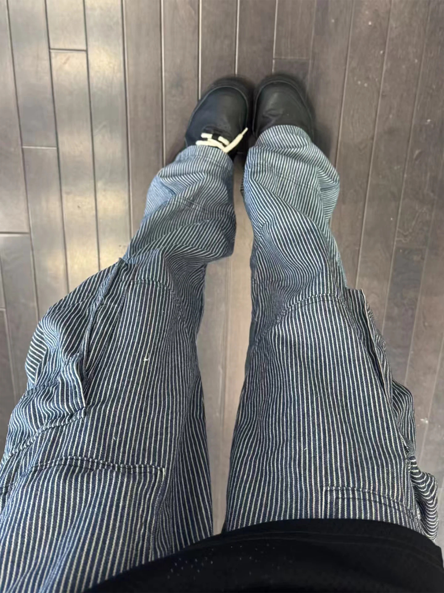 

Синие полосатые рабочие джинсы в американском винтажном стиле с множеством карманов, широкие брюки из денима для мужчин, осенний сезон