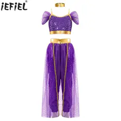 Kids Girls Arabian Princess Cosplay Costume Halloween Carnival Belly Dance Bodysuit Sleeveless Shiny Sequin Jumpsuit with Choker