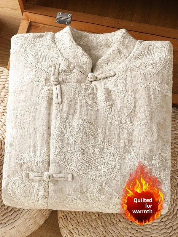 

New Chinese Sle Heavy Embroidery Cotton Linen Thiened Tea Clothes Winter Women's Faionable Zen Clothing Traditional Tan...
