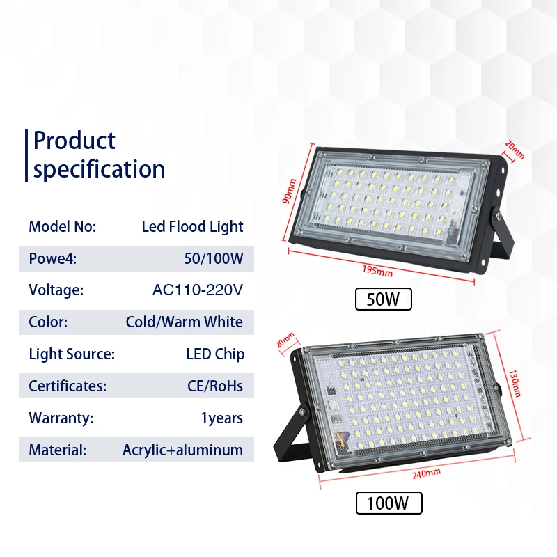 LED Flood Light  50W 100W AC110V 220V Waterproof IP65 Outdoor Led Reflector Floodlight Street Lighting for Warehouse Garden Yard