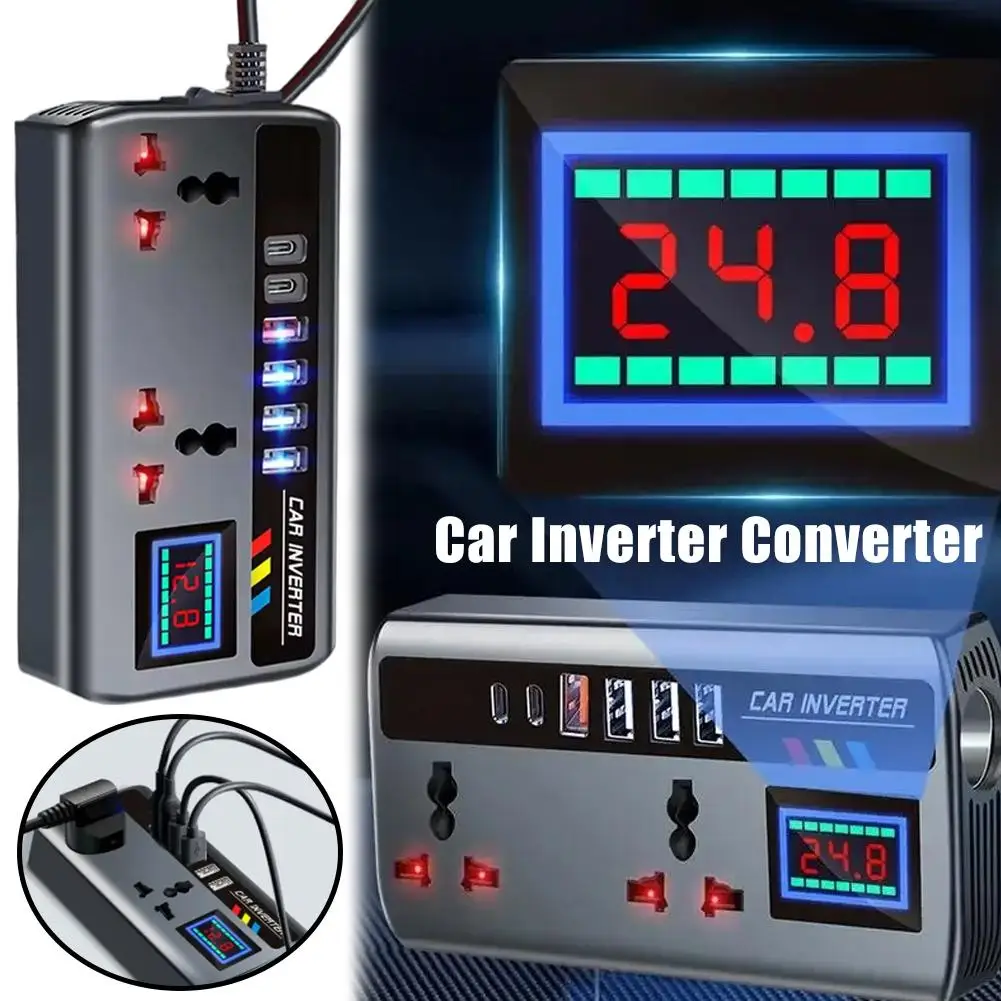 12V/24V to 220V Car Power Inverter,Multi-Function Truck Charger with AC Outlets,USB&Type-C Ports, LED Display&Atmosphere Light