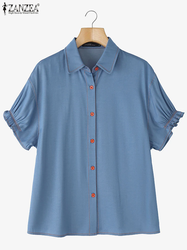 

ZANZEA Women Shirts Summer Short Puff Sleeve Tops 2025 OL Work Denim Blusas Tunic Lapel Neck Casual Solid Color Blouse