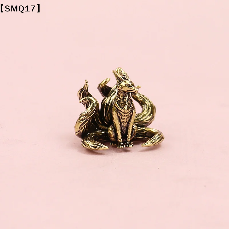 Miniature Antique Brass Lucky Nine Tailed Fox Figurines Feng Shui Ornament Copper Animal Mini Office Desktop Crafts Decor【SMQ】