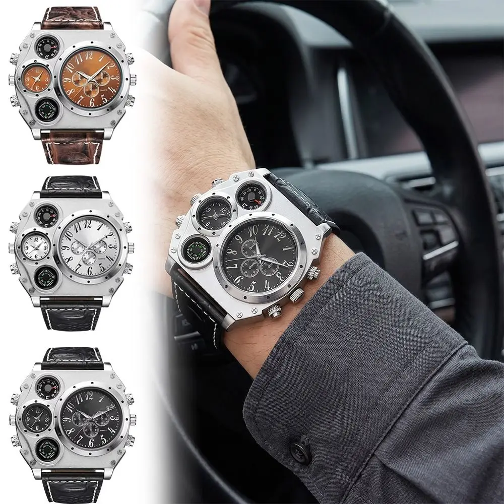 PU Leather Strap Big Face Watches Large Dial Luminous Quartz Watch Leather Strap Compass Decoration Men's Watch Sports Style