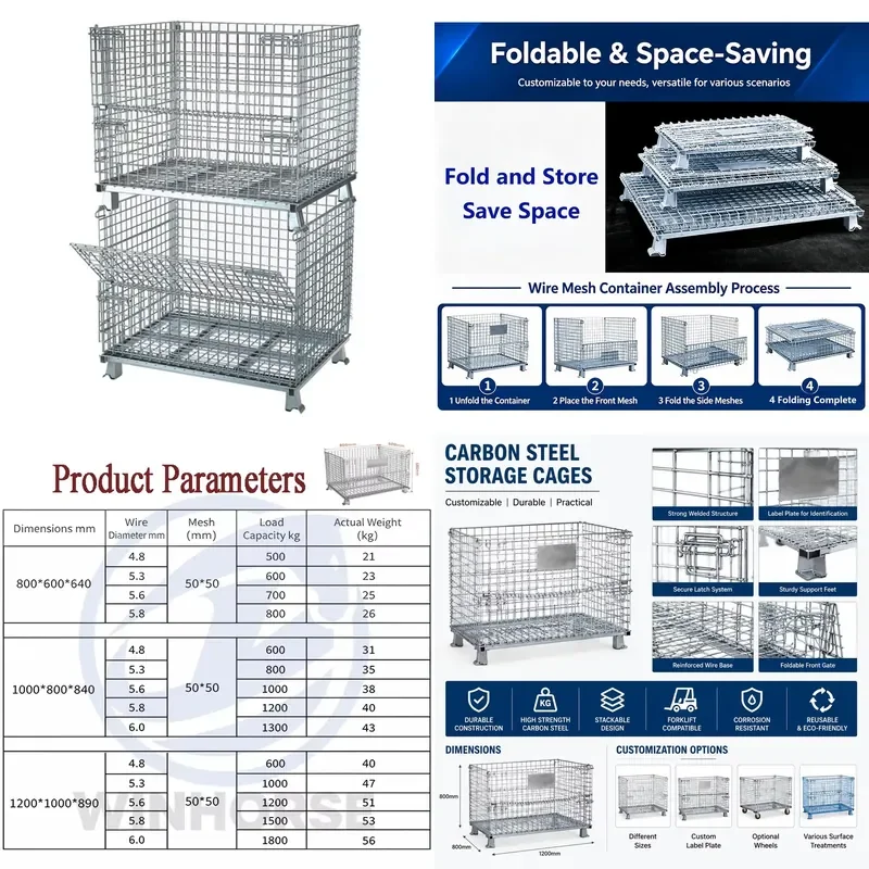 for Foldable Galvanized Wire Mesh Containers with Forklift Pockets Heavy Duty Stackable Storage Cages  Warehouse Picking