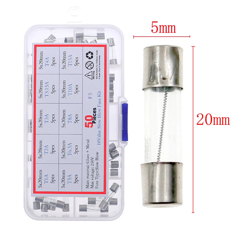 

50 шт. 5x20 мм, наборы предохранителей со стеклянной трубкой и медленным выдувом T1A 2A 3A 3.15A 4A 5A 6.3A 8A 10A 15A