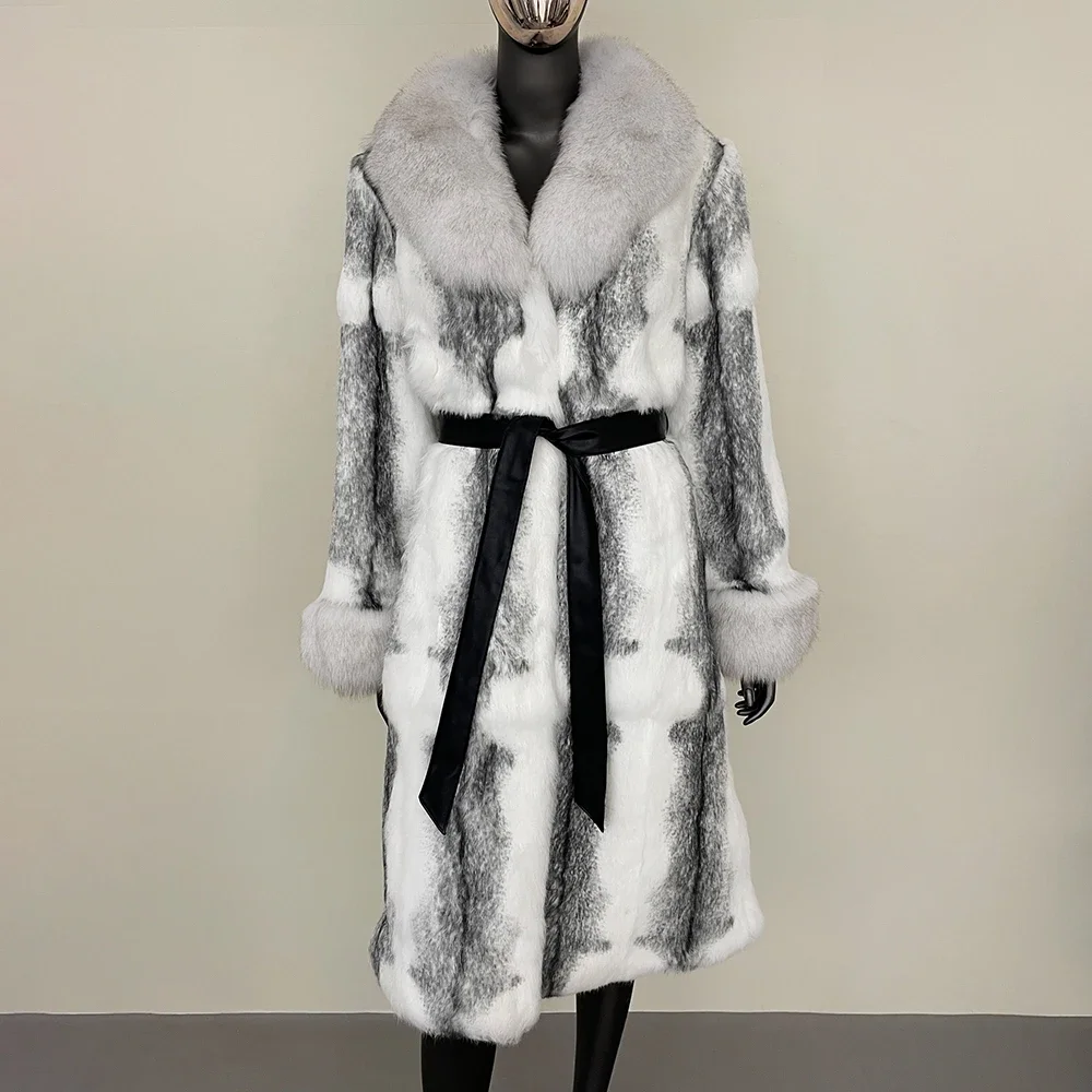 Fur Coat for Women Rabbit Fur One-piece Long Style Fashion Warm Women New Autumn Winter Real Fox Fur Collar Coat Thickened