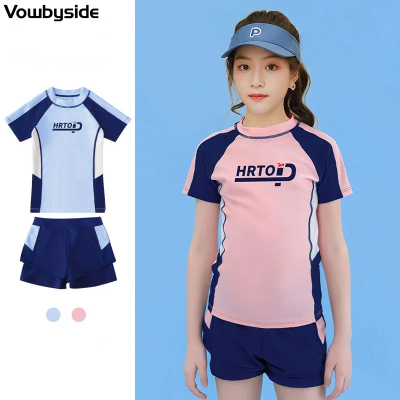 

8-14Y Children's Swimsuit Girls Two-Piece Wetsuit Short Sleeved Children's Beach Wear Quick-drying Swimwear