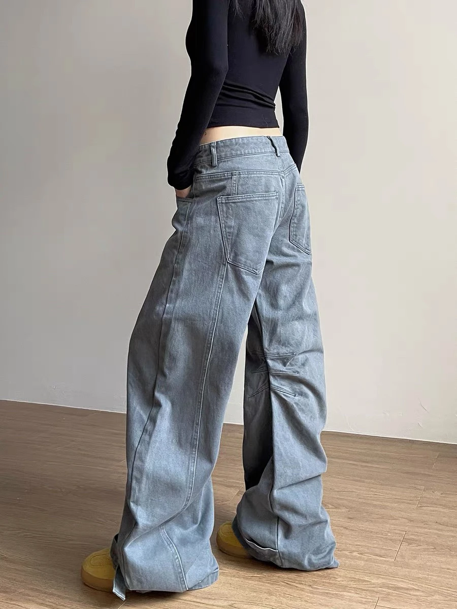 Pantalon de travail avec couteau à jambes larges, style rétro américain, ample et plissé, Design sens, droit, longueur au sol