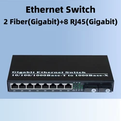 Convertidor de medios de fibra, transceptor óptico, conmutador Gigabit Ethernet, alimentación externa de 20km, SC 2 puertos + 8 RJ45, 10 m, 100 m, 1000m