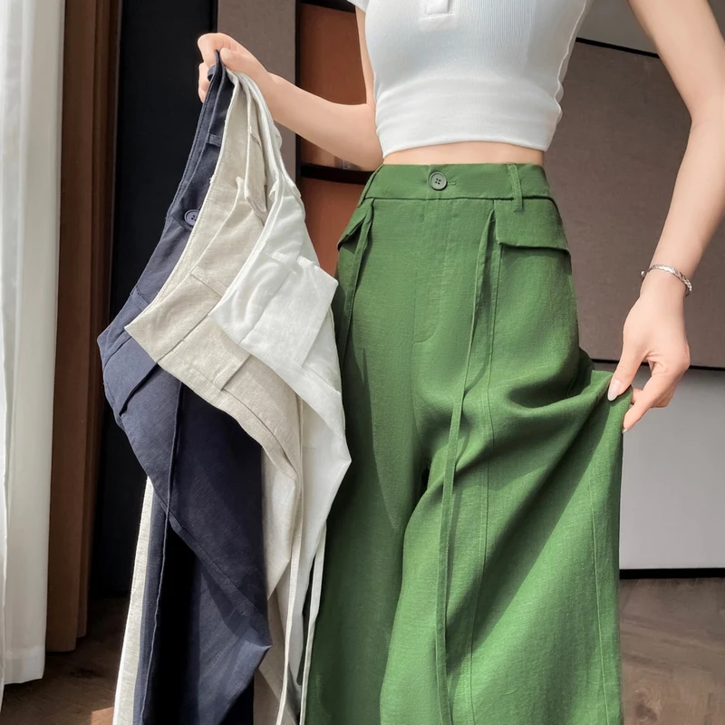 

High Waist Casual Pants Women's Design Sensation Small Audience Ice Silk Floor-Length Pants Summer New Arrival Wide Leg