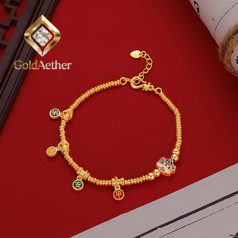 

GoldAether New Chinese Style 9999 24K Real Gold Versatile Retro High Temperature Enamel Peace and Joy Tiger and Lion Women's Thi