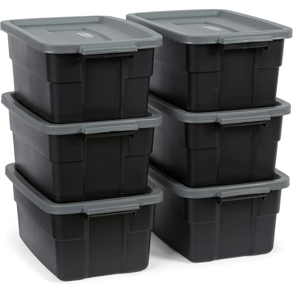 Rubbermaid Roughneck 31 Gallon Stackable Storage Bins, 3-Pack, US-Made, Black & Gray, Durable Plastic Containers with Lids and H