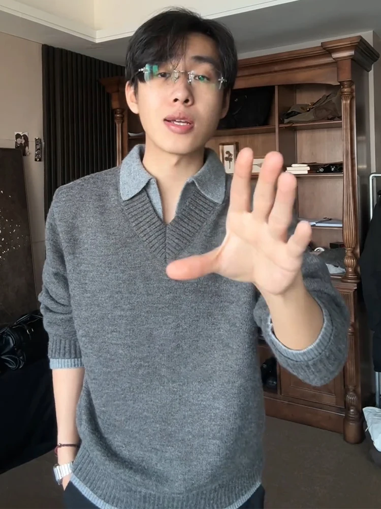 

Мужской вязаный свитер с V-образным вырезом, весна-осень, свободный крой, удобный, из полиэфирного волокна