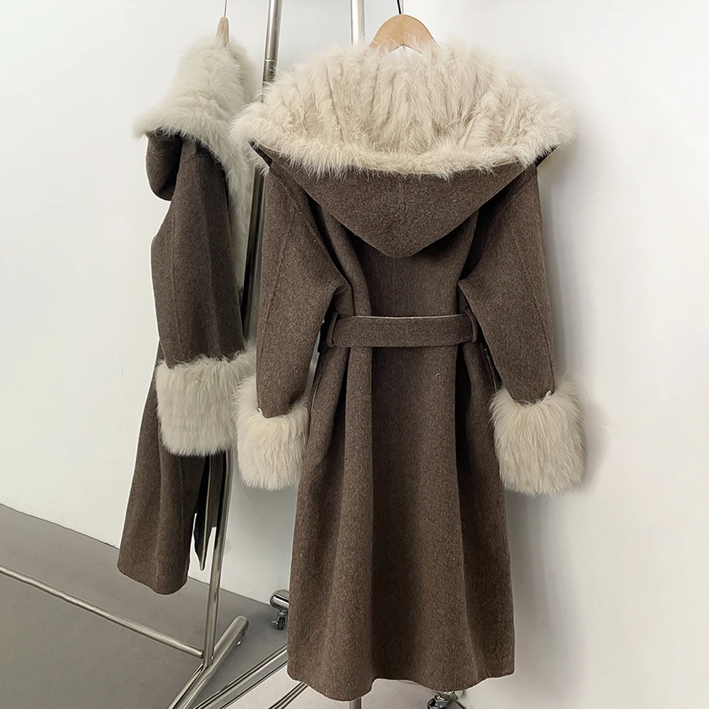 الواقع الفراء سترة معطف طويل الصوف الإناث جديد الخريف الشتاء ريال فوكس الفراء المرأة سميكة الدافئة الفراء الطبيعي على الوجهين سترة صوفية #5