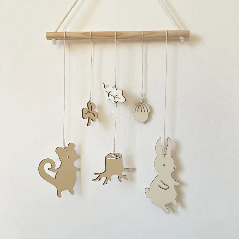 INS Nordic Wooden Stick With Animals Chips Pendants Wall Hanging Ornaments Baby Kids Room Decoration Nursery Decor Photo Props