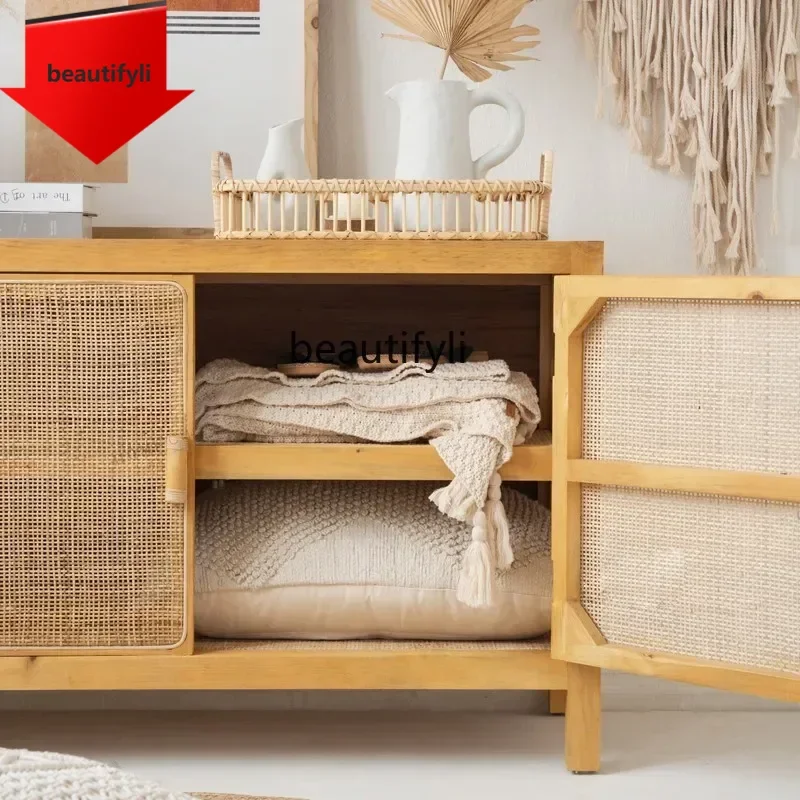 Comodino moderno e minimalista in legno massello Armadietto portaoggetti per camera da letto con tavolino creativo in rattan nordico