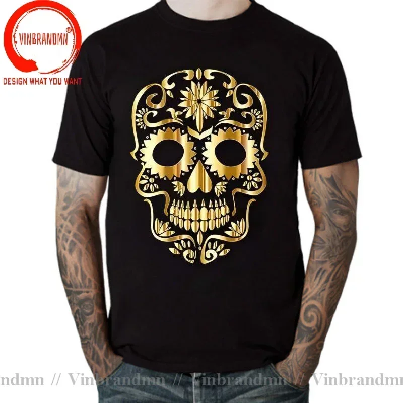 Vintage Golden Limited Editon Sugar Skull Halloween T Shirt for Men Premium Cotton Short Sleeve O-Neck Funny T-Shirt Top Tshirt