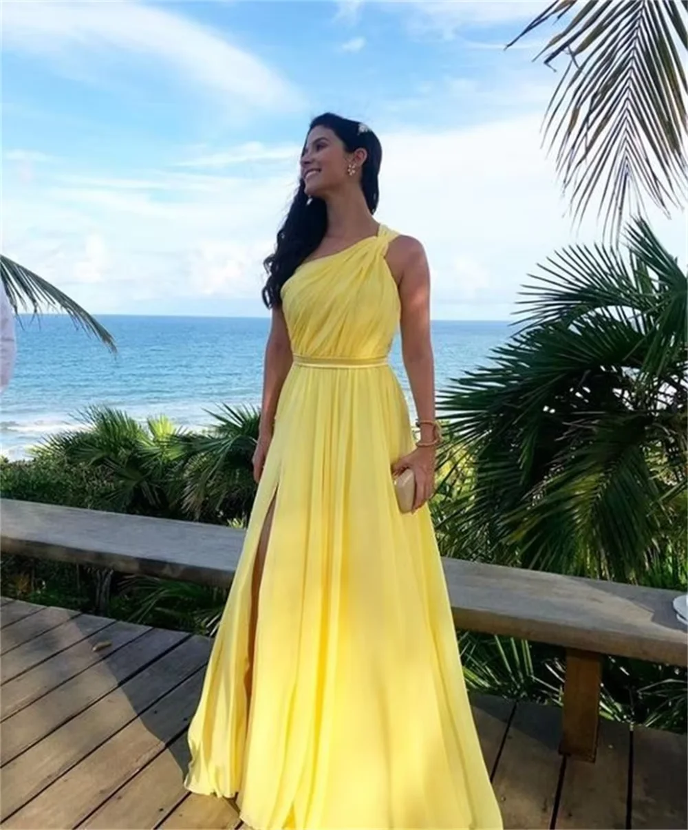 Gaun malam sifon kuning terang kustom, satu bahu belahan samping gaun pengantin pernikahan Formal, gaun pesta Klub Pantai