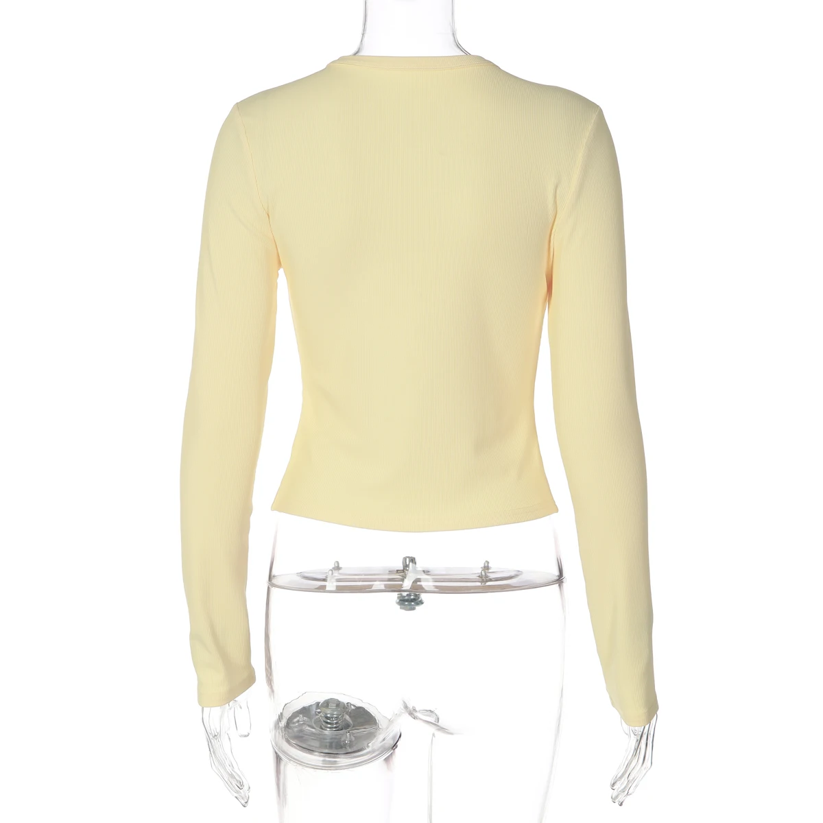 Hugcitar Geripptes Damen-Langarm-Crop-T-Shirt mit Knöpfen, einfarbig, sexy, Herbstmode, Streetwear, Party- und Club-Tops – Detail 4