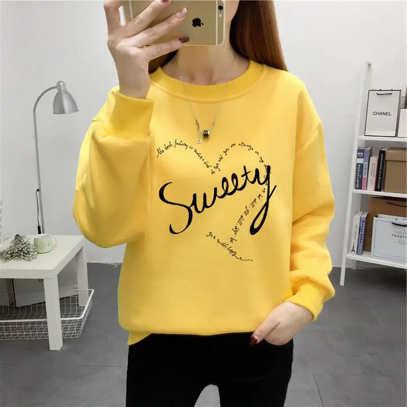 Korean Letter Geometric Printing Autumn Winter Lantern Long Sleeve Pullover Women\'s Clothing Round Neck All-match Hoodies Tops