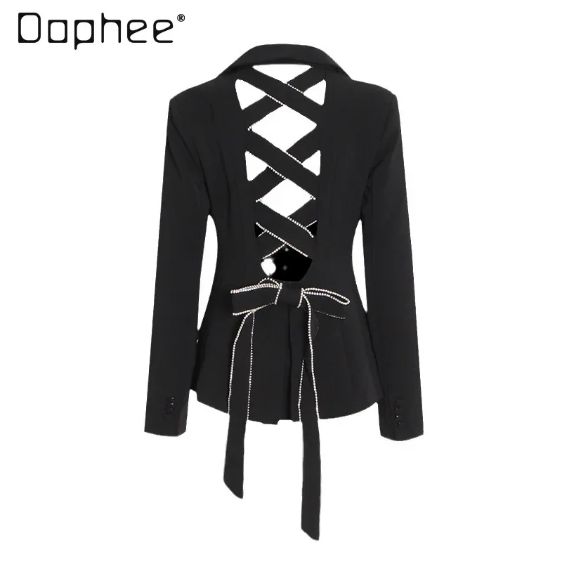 

Lace Up Hollow Out Blazers Jacket for Women Rhinestone Bandage Long Sleeve V Neck Slimming Casual Coats Female Fashion New