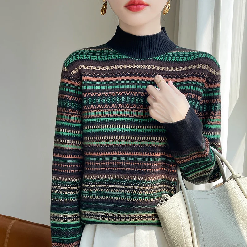 Women's Autumn Winter Half High Neck Long Sleeve Thick Sweater Fashion Versatile Slim Pullover Elegant Stripe Commuter Lady Tops