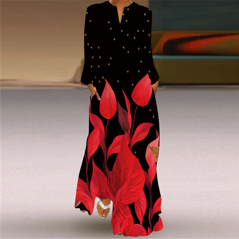 

2025Popular European and American2025Spring and Summer New Women's DressvCollar Long Sleeve Pocket Printed Loose Dress