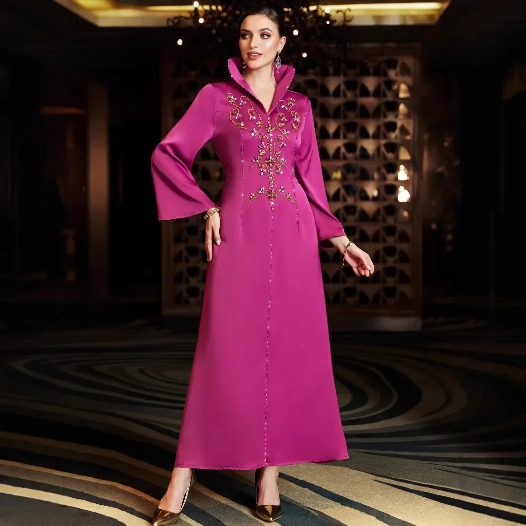 

Модное платье с воротником-стойкой, расклешенными рукавами и стразами для мусульманок: Абайя, Кафтан, Турция, Вечернее платье, Мусульманские женские платья