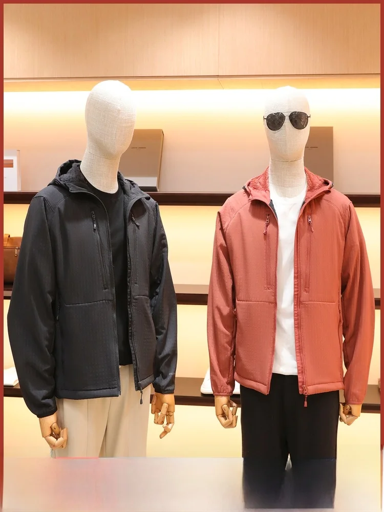 

Warm Fce Lined Climbing Outdoor Jaet Men's Stand Fit Long Sve Hooded Zipper Closure Youthful ular Autumn Winter