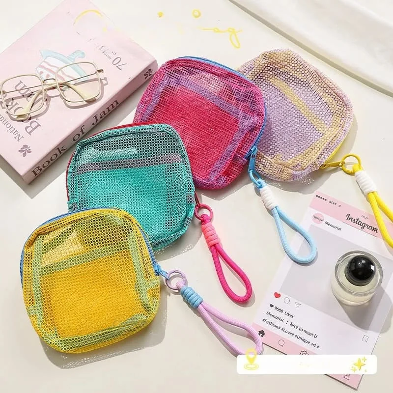 Square Breathable Mesh Storage Pouch Yellow‑Blue Splicing Zipper Net Bag Portable Travel Makeup Small Accessories Organizer