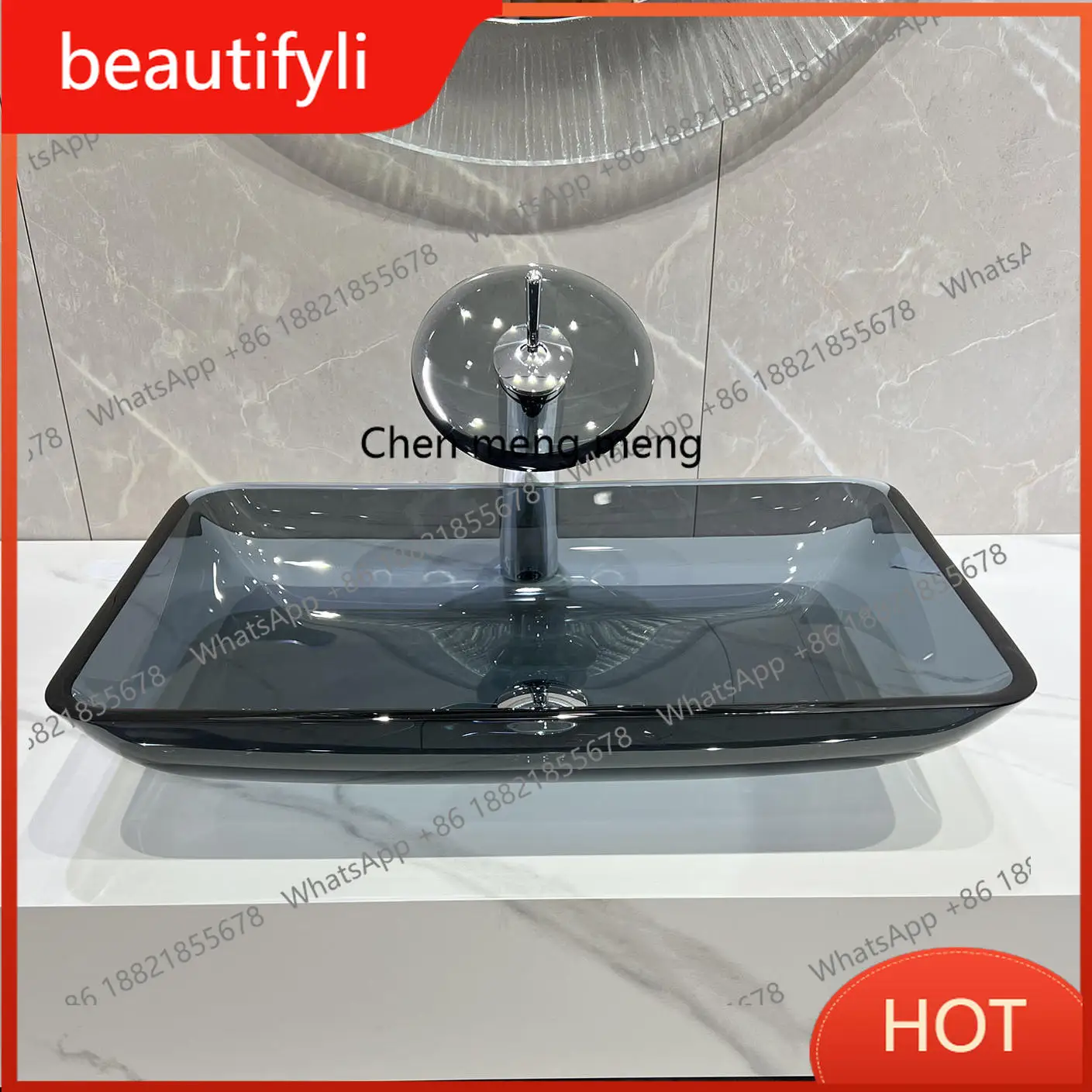

A139 Tempered glass counter basin, transparent washbasin, bed and breakfast washbasin, gray rectangle