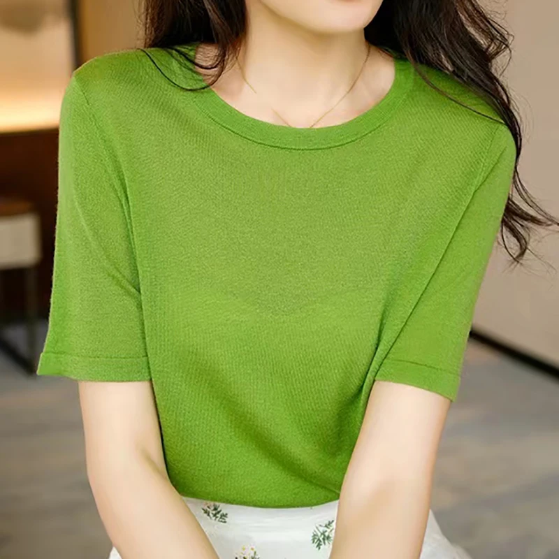

Thin Knitted T Shirt Women Summer Tops Ice Silk Tshirts Casual Clothes O-Neck Short Sleeve Tee Shirt Femme Camisetas Femininas