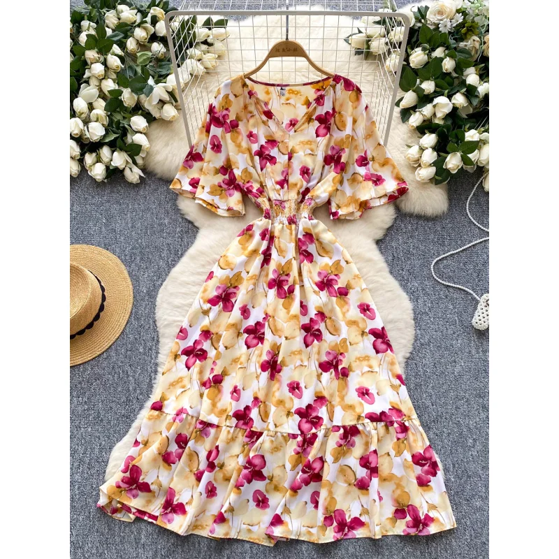 Boho vintage donna estate scollo a V stampa floreale abito lungo elastico in vita volant Chic vestido de festa INS abito da vacanza al mare
