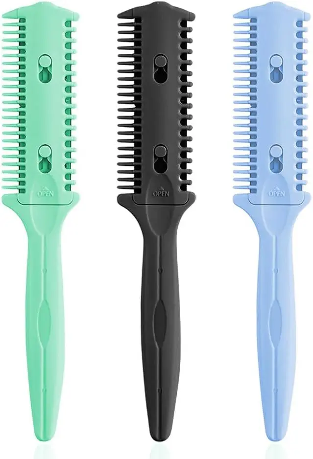 

3 Pack Double-Sided Hair Trimmer Comb - Split Ends Razor Styler for Thin and Thick Hair Cutting and Styling (Green, Black, Blue)