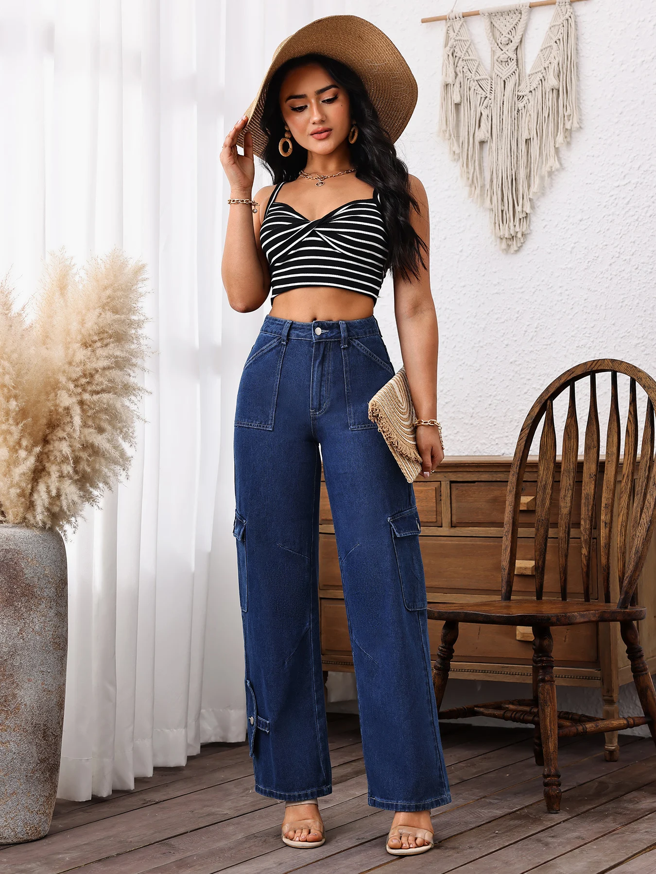 Women's Casual Wide-Leg Jeans, Multi-Pocket Overalls, Cotton Blended Denim, Fashionable Clothing