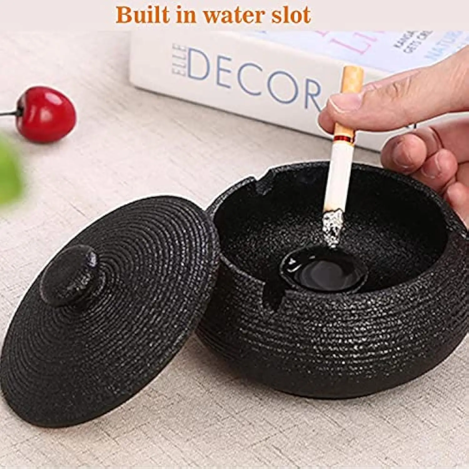 Black Cigarettes Ashtray with Lid Windproof for Indoor Outdoor, Ceramic Ashtray Built in 3 Cigar Holders,Smoking Ash Tray